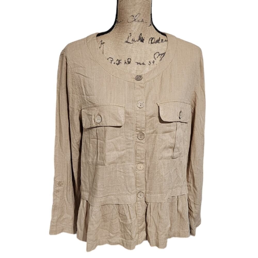 Ruby Rd Beige Linen Blend Peplum Pleated Blazer Jacket Size Medium